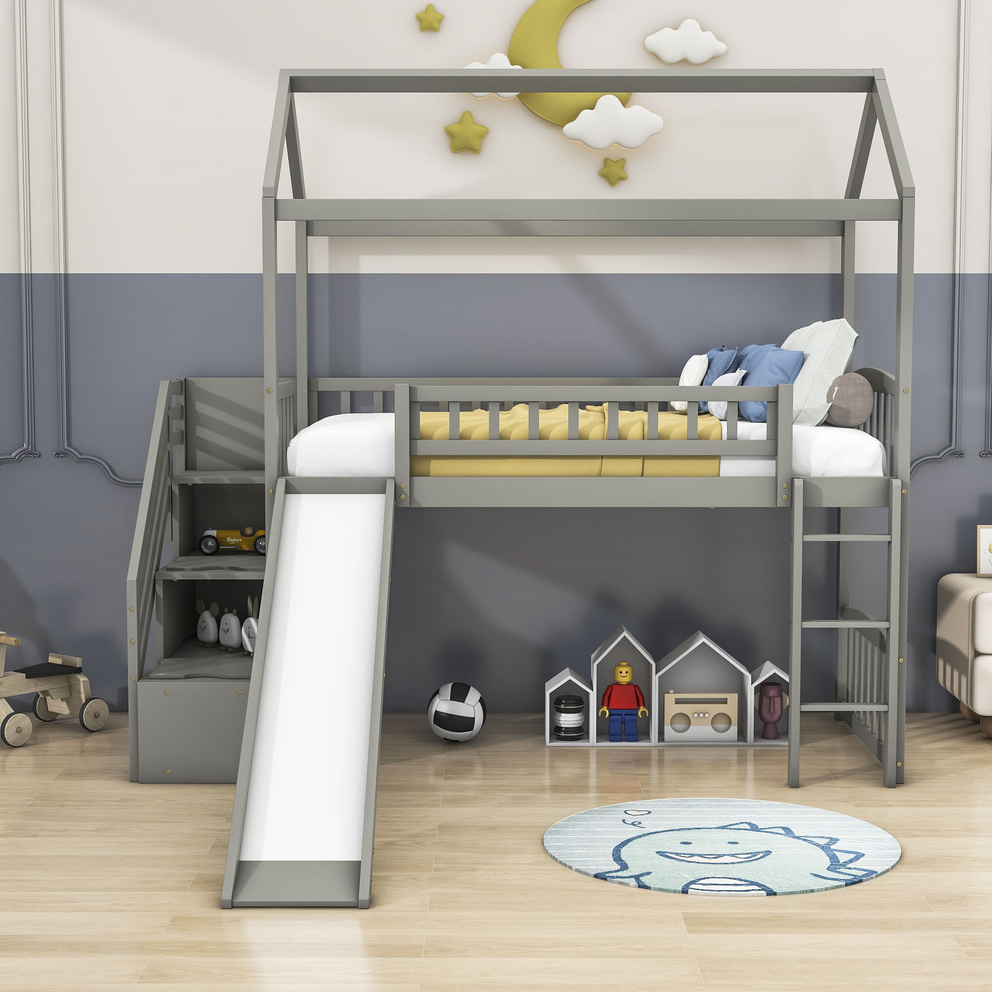 Twin Size House Loft Bed with Storage Staircase and Slide Harper Orchard Bed Frame Color: Gray, image size:2000x2000