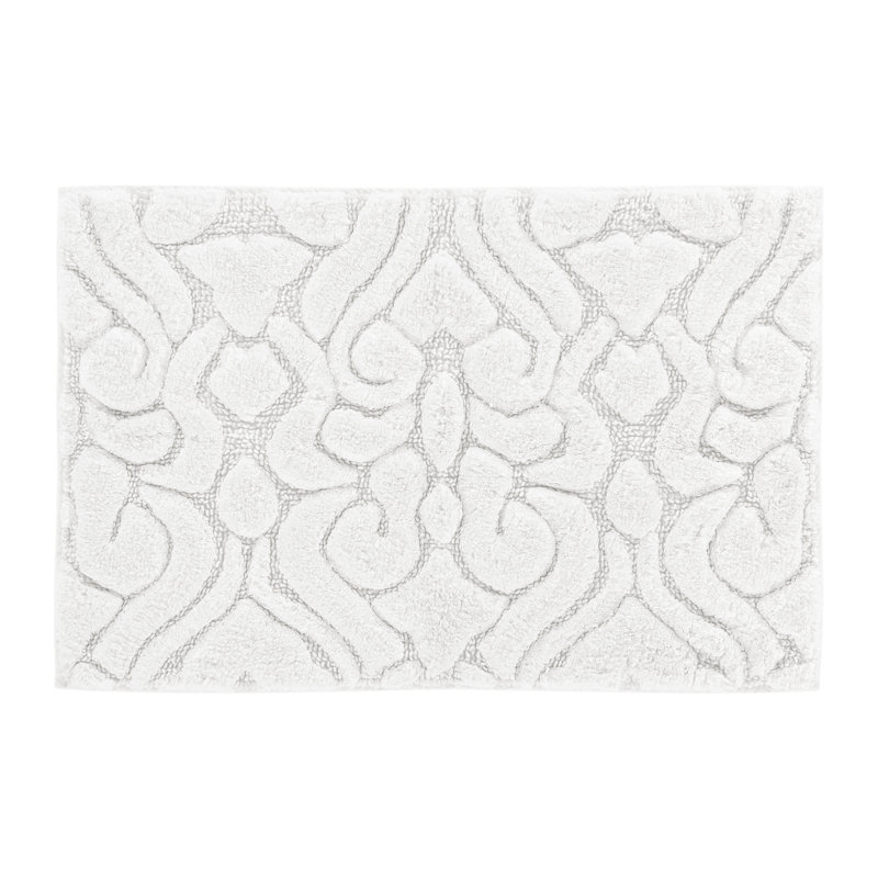 White Sculpted Damask Pattern Cotton Bathroom Rug Set