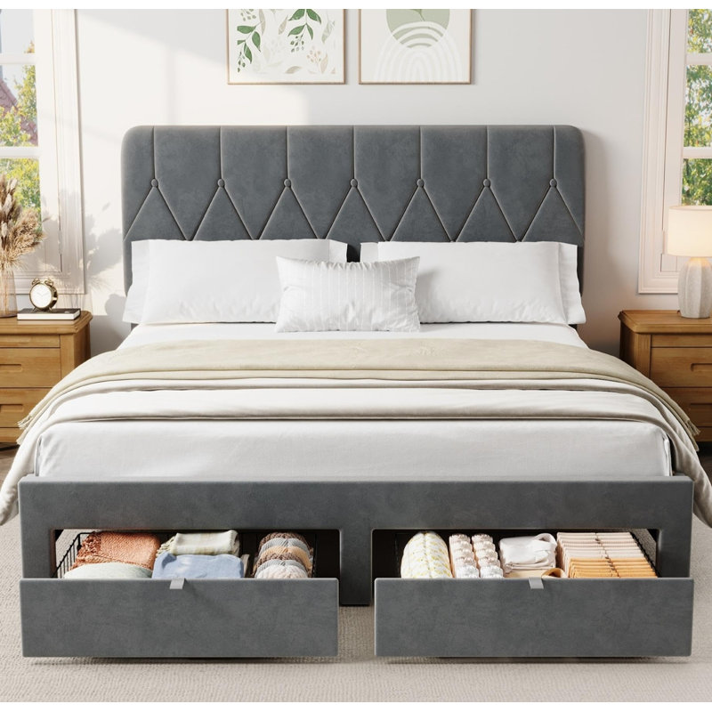 Structure de lit avec 2 tiroirs de rangement, structure de lit tapissier en velours avec tête de lit, Queen, Gray