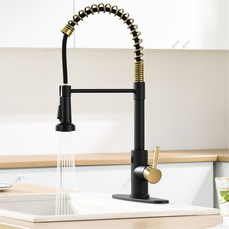 Robinet de cuisine sans contact avec douchette rétractable - Mains automatiques Smart, noir et or, contemporain, acier inoxydable, remplissage en céramique Smart Touchless