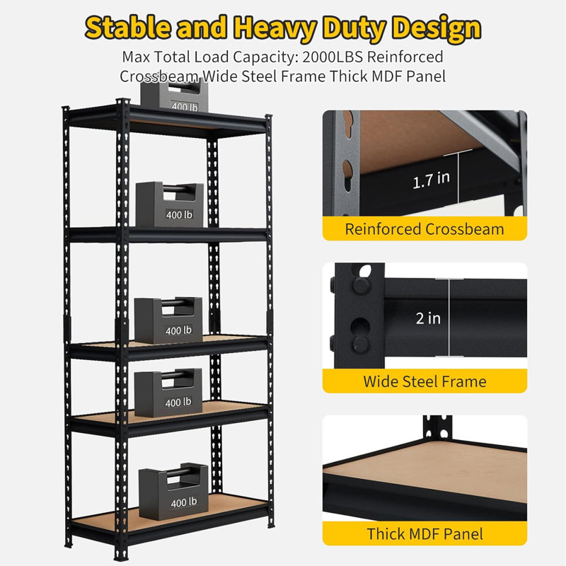 Étagère de rangement robuste à 5 niveaux en métal, support de garage réglable, 60 po x 30 po x 12 po