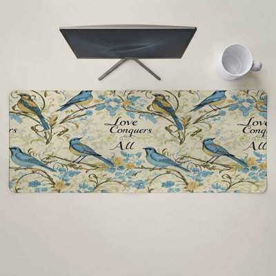 Tapis de souris vintage à motifs d'oiseaux bleus, idéal pour le jeu, le clavier et la souris. Grand tapis de souris rétro, floral et botanique estival avec base antidérapante. Tapis décoratif pour le bureau, la maison ou les jeux. Dimensions : 40 x 80 cm. Livré avec une tasse blanche.