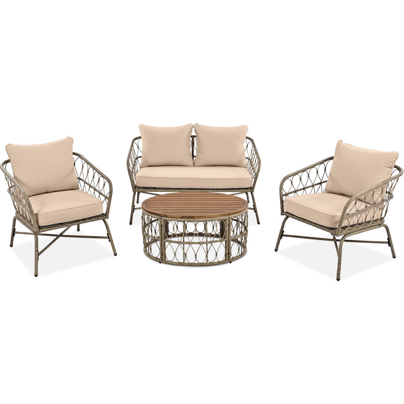 Style de mobilier d'extérieur avec housses de coussins amovibles, beige, table de table ovale en bois, coussins, patio beige