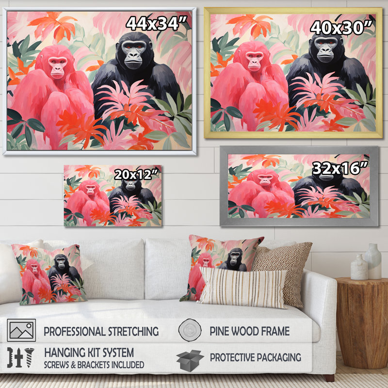 Gorilles roses et noirs parmi des palmiers - art de Gorillawall, Cadre doré à coins fermés, H 16 po x l 32 po x P 1 po