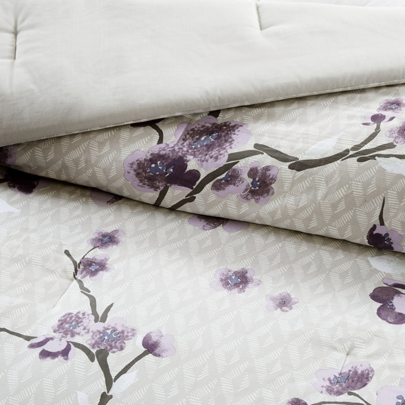 Grand édredon mauve / taupe 8 pièces - coton, lavable à la machine, coussins brodés à motif floral, 2