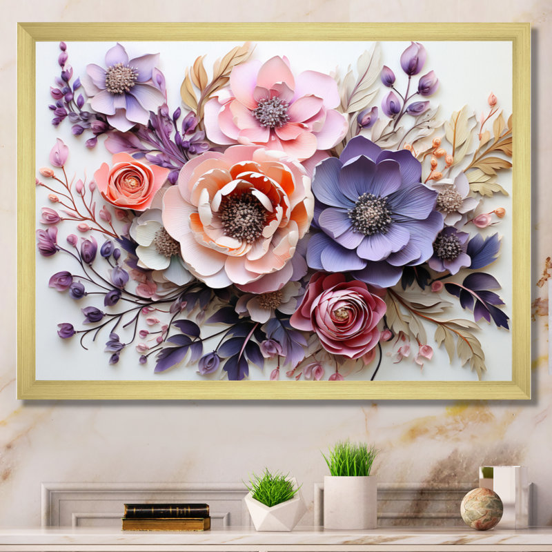Fleurs délicates, art mural Dahlia pour le salon, H 12 po x l 20 po x P 1 po, Cadre doré simple