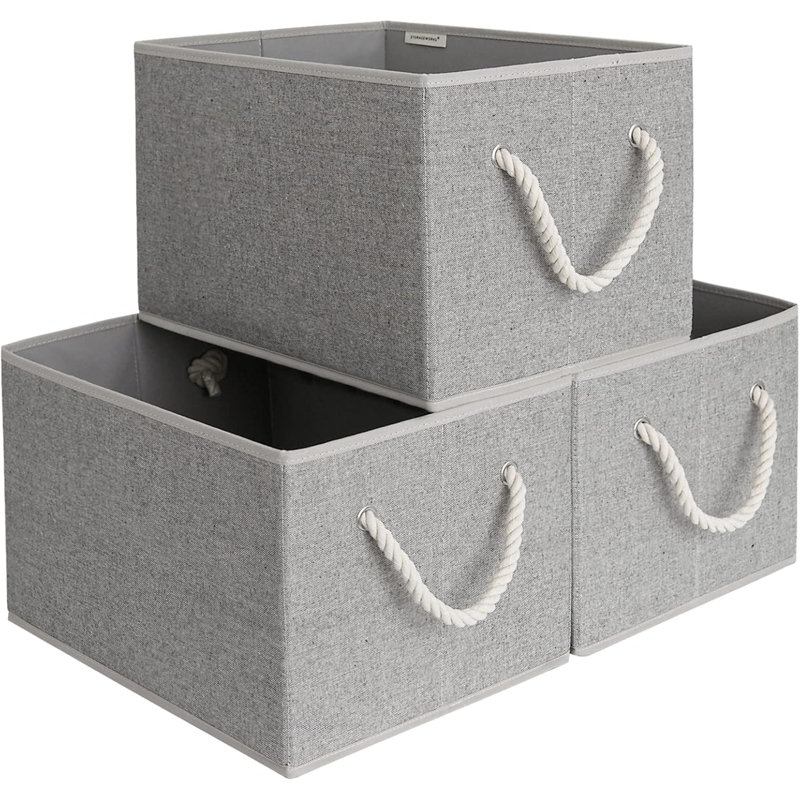 32L Storage Baskets For Organizing, Foldable Baskets For Shelves, Fabric Bins With Handles, 3-Pack, Gray