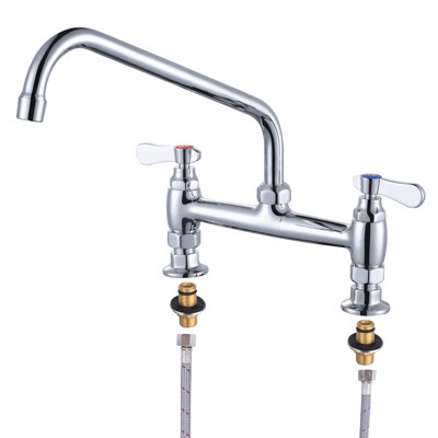 12" 2-Handle Deck Mounted Commercial Kitchen Faucet with Swivel Spout & Supply Lines In Chrome