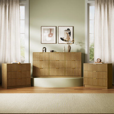 3-Piece Bedroom Set - 9 Drawer Dresser And 3 Drawer Nightstand Set Of 2