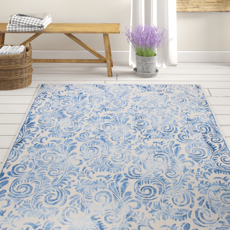 Oakton Hand Tufted Wool/Cotton/Latex Paisley Rug in Ivory/Blue, Rectangle 5' x 8'