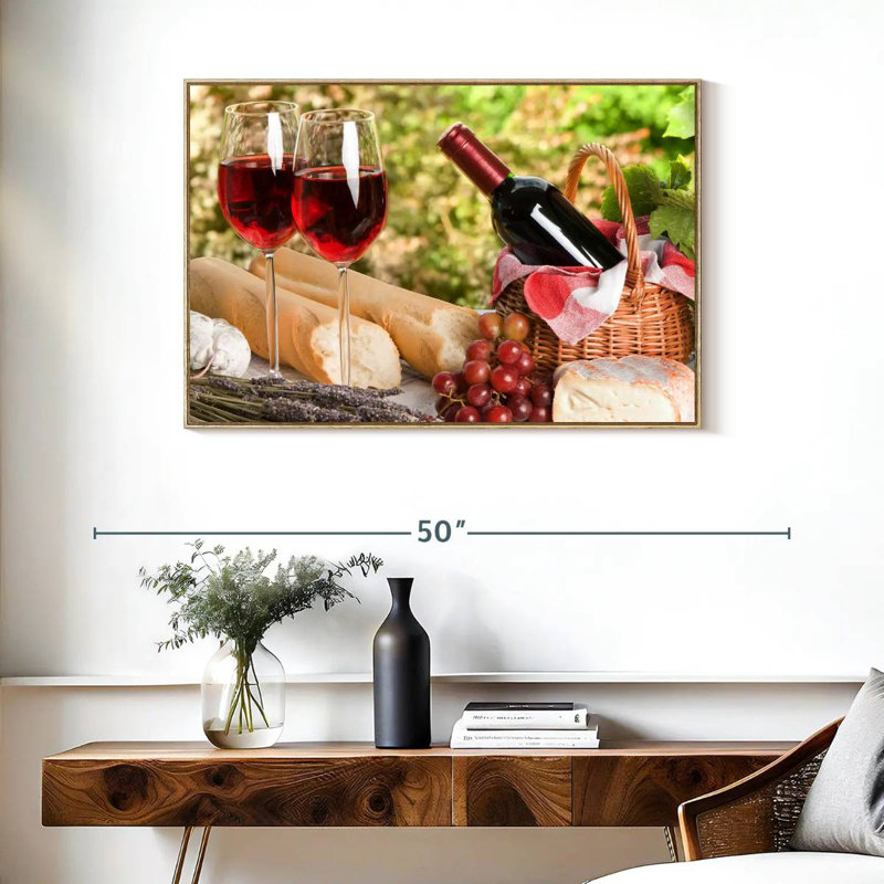 Pique-nique au vin rouge, Cadre flottant en bois naturel, 31 po x 21 po