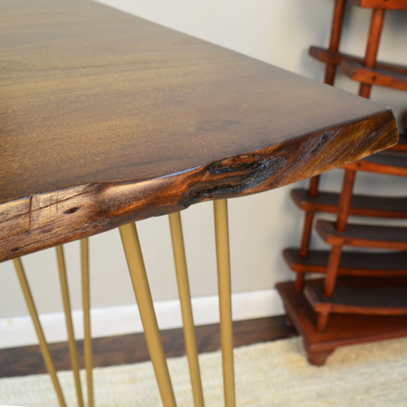 Acacia Solid Wood Top Metal Base Dining Table, Elm, Gold, 76.2cm H x 121.92cm L x 76.2cm W