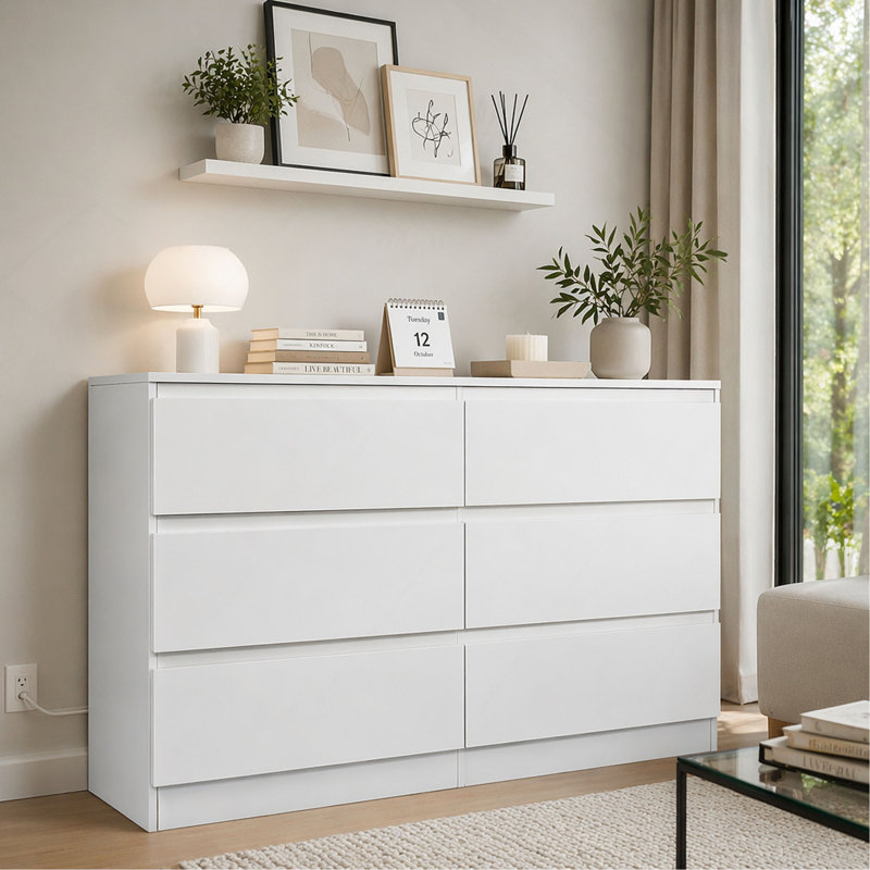 Commode 6 tiroirs blanche, commode moderne pour chambre à coucher avec comptoir spacieux, armoire de rangement en bois avec poignées dissimulées et 6 tiroirs profonds pour chambre à coucher, salon, entrée