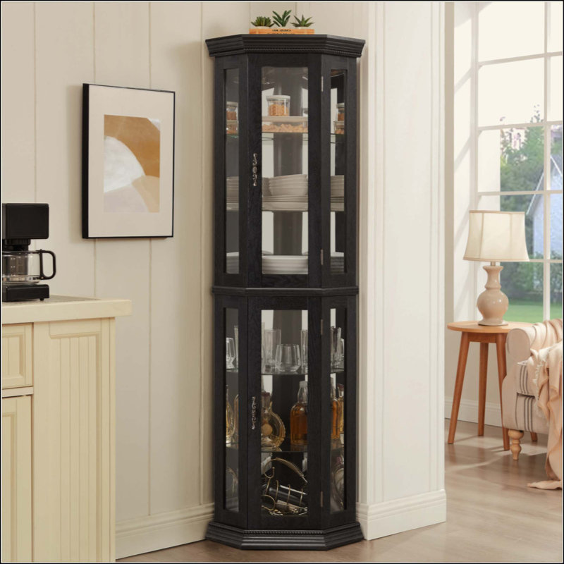 Lighted Corner Curio Cabinet - Glass Display Shelf With Tempered Glass Doors, Adjustable Shelving, And Included Bead Bulb - Ideal Bar Cabinet For Home Decor