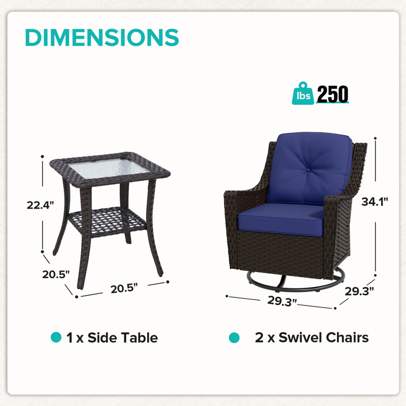 Azure Bay 3-Piece Brown Steel Wicker Outdoor Bistro Set with Blue Cushions