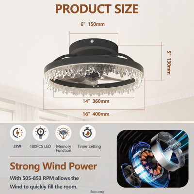 Ventilateur de plafond noir intelligent 16 pouces avec lumière, lustre encastré à DEL avec 5 pales invisibles, télécommande, minuterie et éclairage à intensité variable