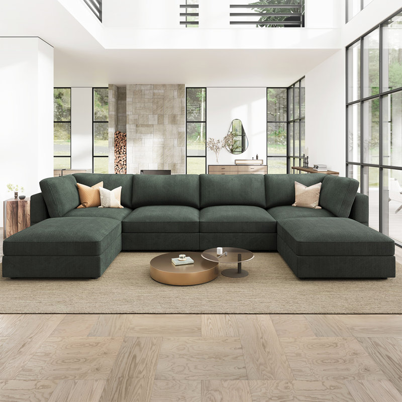  Bouley U-shaped Corduroy Modular Sectional Cloud Couch, Green Corduroy