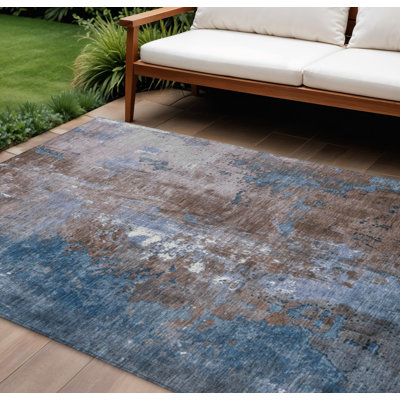 9' X 12' Brown And Blue Abstract Washable Indoor Outdoor Area Rug