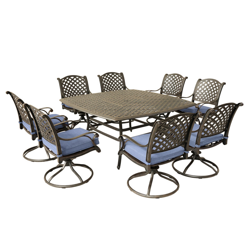 Ensemble de salle à manger en aluminium 7 pièces avec 6 chaises berçantes pivotantes, Bleu marine antique
