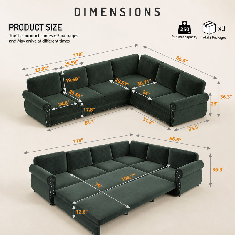 Canapé en L 118 po avec lit escamotable, canapé-lit convertible surdimensionné avec garniture cloutée et accoudoirs roulés, canapé modulaire revêtu de chenille, pour le salon, vert (ancien SKU: W1885S00260)