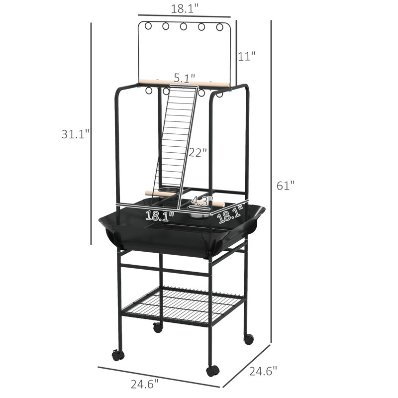 Socle à oiseaux gris foncé avec roulettes - support, bols en acier inoxydable, plateau coulissant, stable pour les perroquets, petites roues de perroquet, perchoirs de loisirs, support