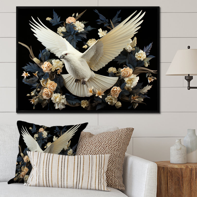 Springtime Floral Dove - Dovewall Art, Black Floater Framed, 16" H x 32" W x 1" D