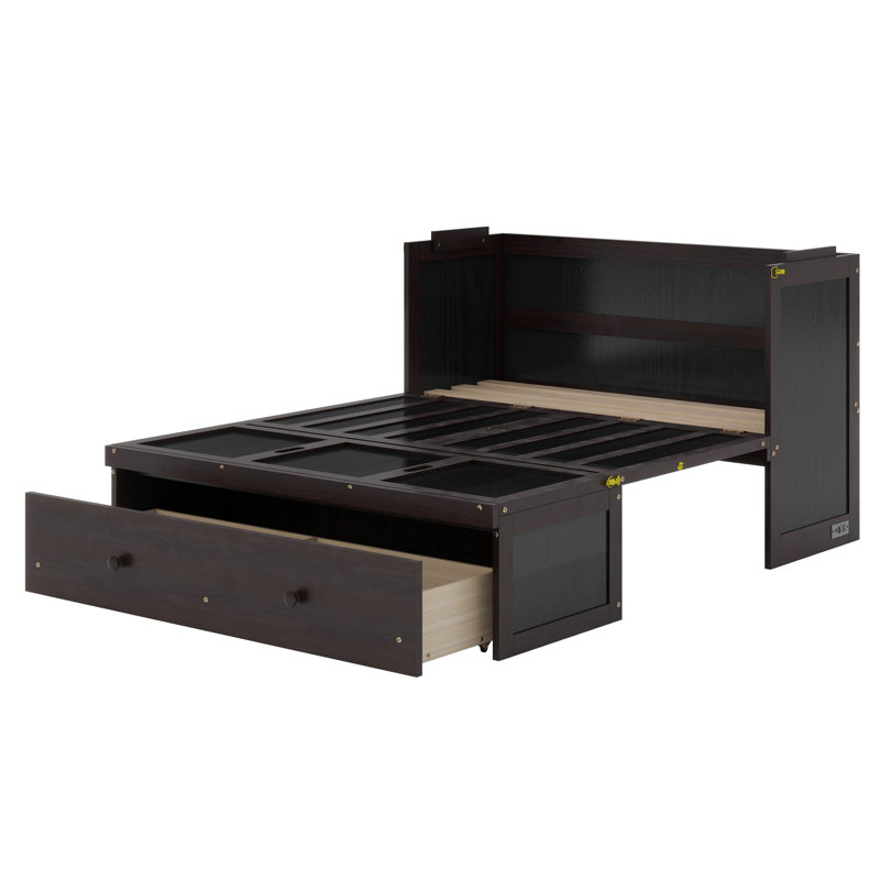 Wyncote Queen Size Murphy Bed, Solid Wood Murphy Bed Frame With USB Port And A Large Drawer, Espresso