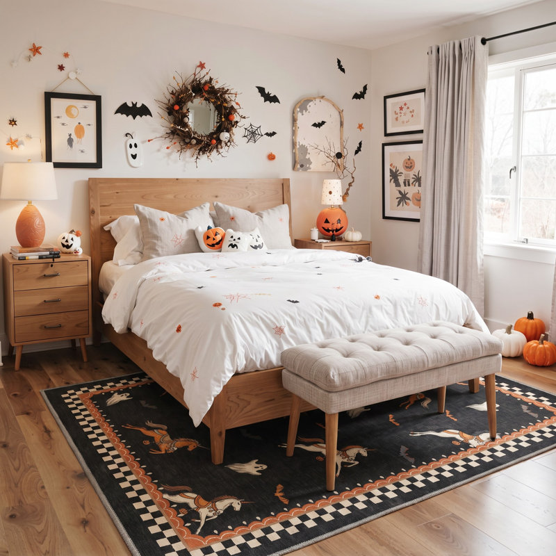 Tapis d'Halloween fantôme et chauve-souris, noir/orange, lavable à la machine, à poils courts, antidérapant