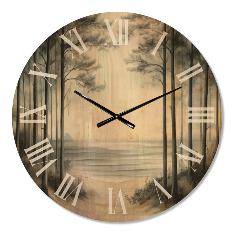 Misty Pine Coast II - Horloge murale de plage silencieuse, imprimée sur bois, Large