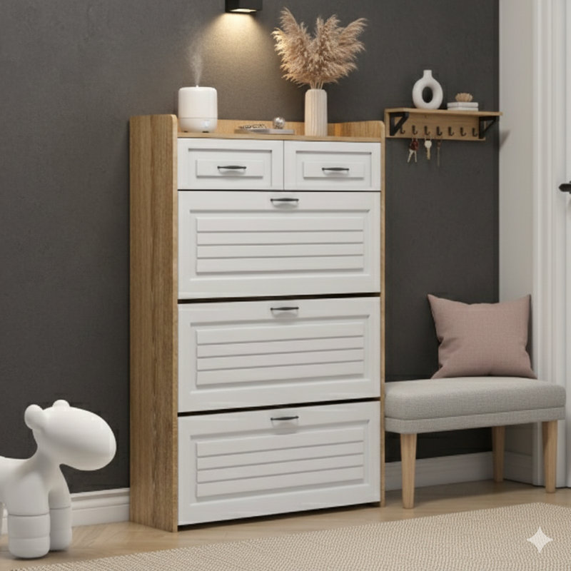 Shoe Storage Cabinet In White And Oak Finish With Three Doors And Two Drawers, Providing Substantial Storage Space