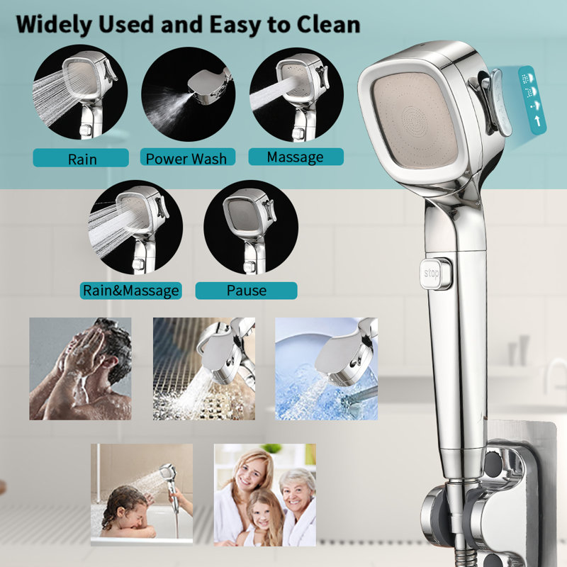 High Pressure 4-Spray Pattern Handheld Rv Shower Head With 60" Hose And Pause Switch In Chrome