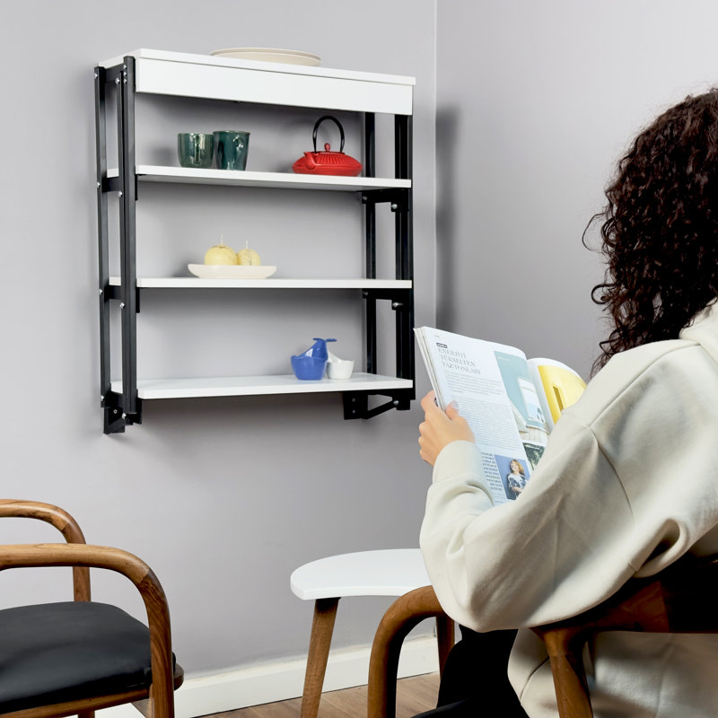 White Folding Wall-Mounted Murphy Table with Shelf