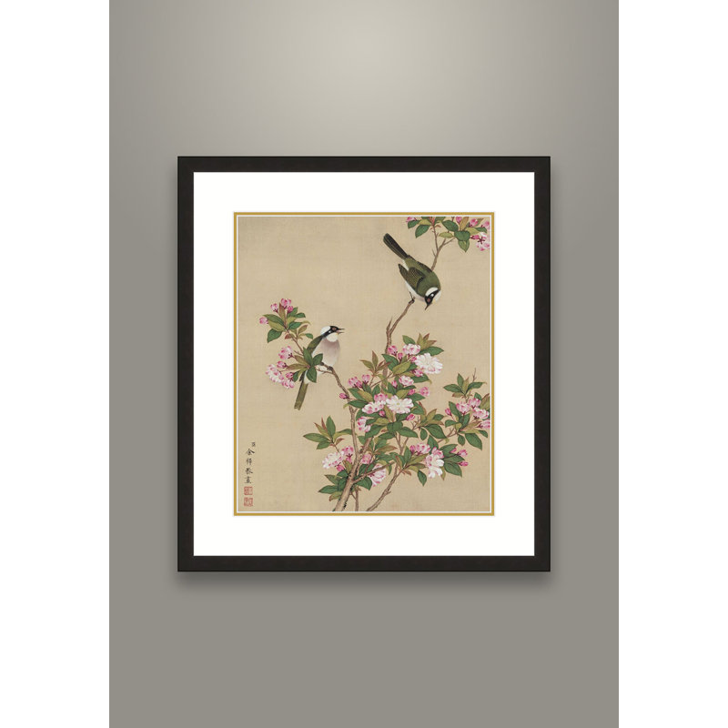 Bulbuls Amidst Peach Blossoms by Yu Zhi - Single Picture Frame Print, 17.5" H x 13.5" W x 0.94" D, Black