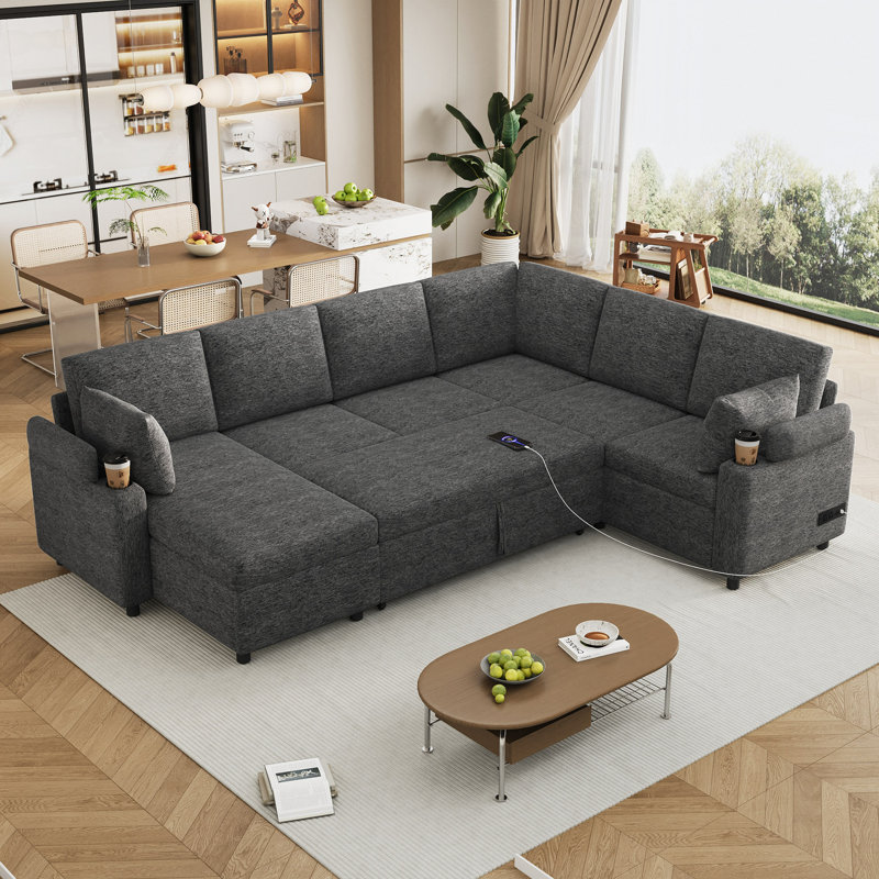 Canapé-lit modulaire de 109,9 po Canapé-lit polyvalent avec grand espace de rangement, deux porte-gobelets et ports de chargement