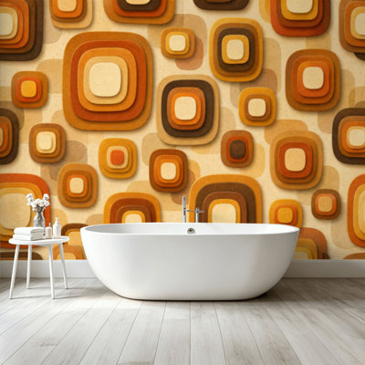 Peel and Stick Wallpaper Wall Mural 70s Retro Seamless Orange Brown Yellow Beige 60s 70s Retro Wall Art Self Adhesive and Removable