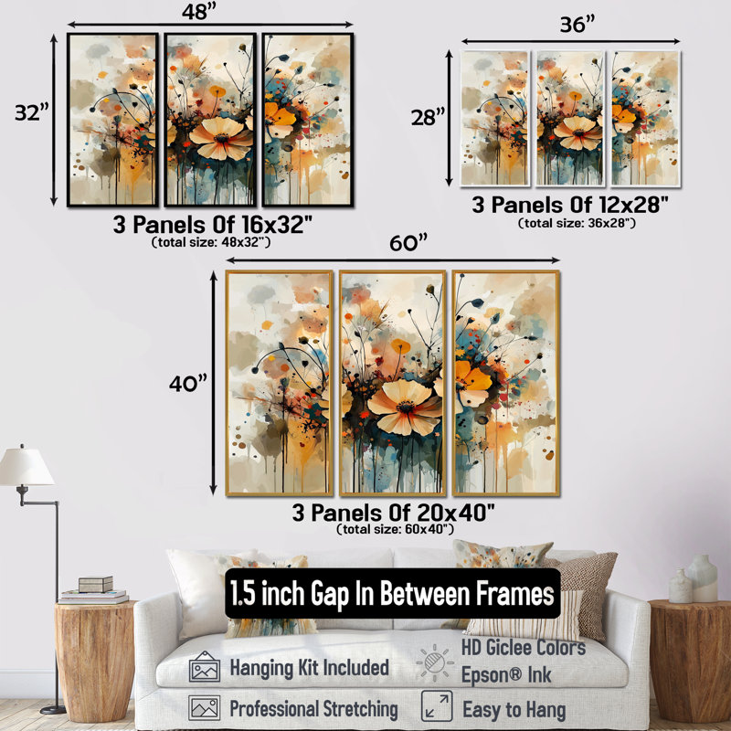 «Wildflowers Blooming Abstract Symphony I», ensemble de 3 fleurs sauvages, H 32 po x l 48 po, Blanc