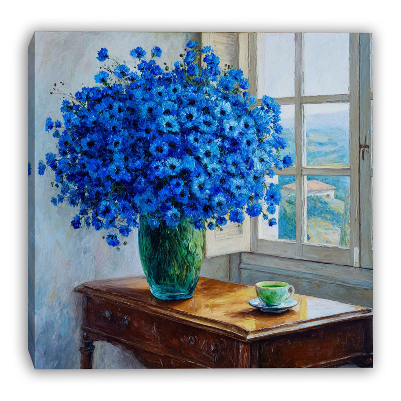 «Blue Floral Still Life with Window and Teacup», reproduction d'art sur toile tendue, H 40 po x l 40 po x P 1,5 po