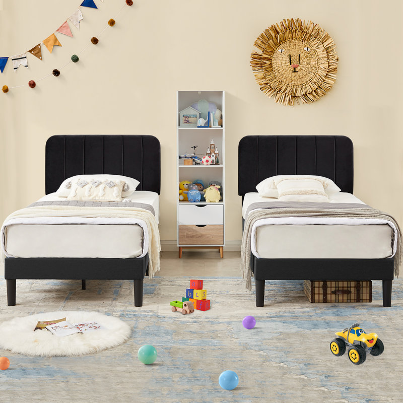 Bedias Set of 2 Twin Upholstered Platform Bed, Velvet Bed Frame with Vertical Channel Adjustable Headboard, Wooden Slats Support, No Box Spring Needed, Noise Free, Black