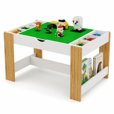 Table d'activités pour enfants, table de jeu en bois 3 en 1 avec surface réversible pour blocs de construction, compartiments de rangement, naturel et blanc