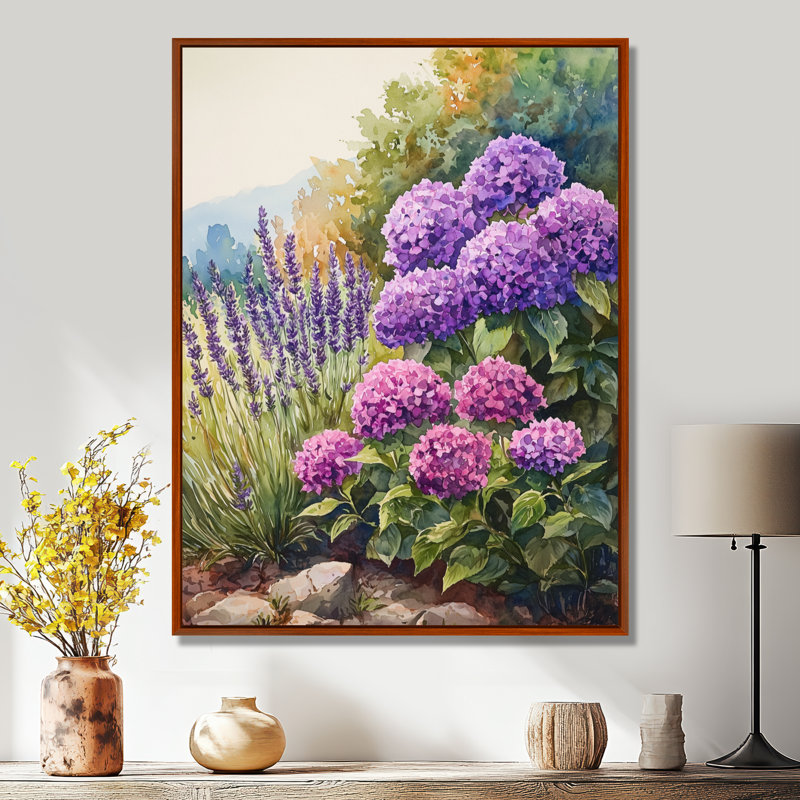 Hydrangeas and Lavender Garden II - Hydrangea, reproduction d'art sur toile encadrée, H 32 po x l 24 po, Brun