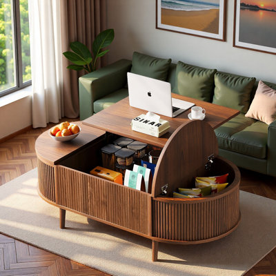 Table basse ovale minimaliste de 47,24 po avec rangement caché et finition grain de bois