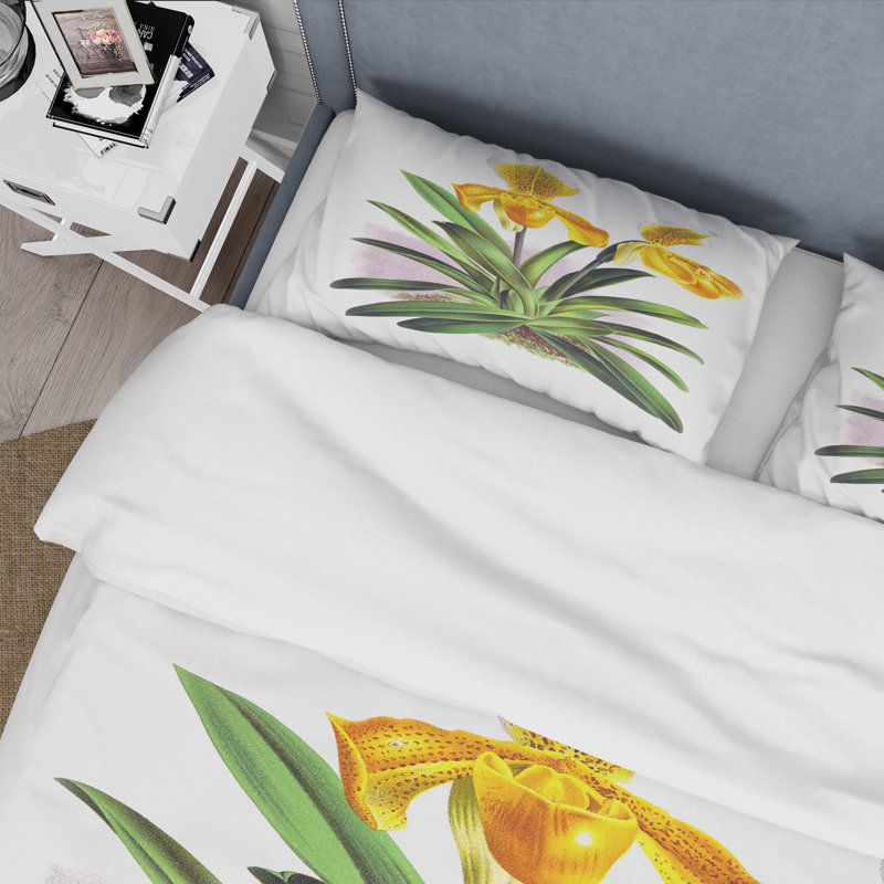 Orchidée jaune rétro - ensemble de housse de couette traditionnel - microfibre de polyester