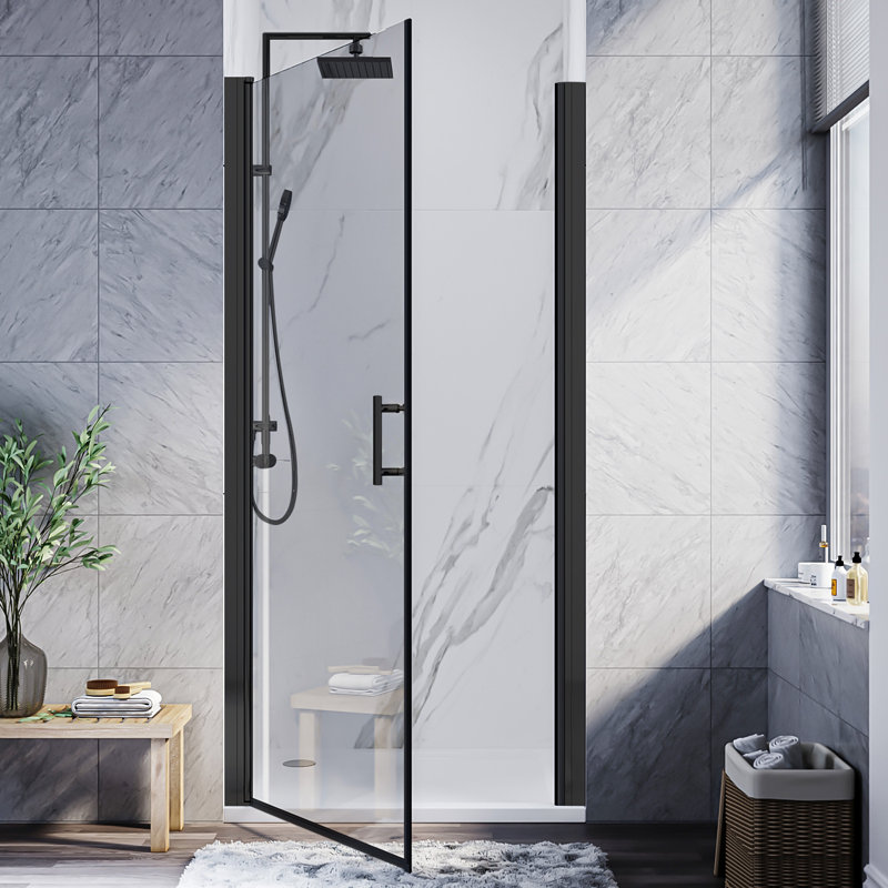 28 in. x 72 in. Pivot Shower Door with Frameless Hinged Frame, Matte Black, Noir mat