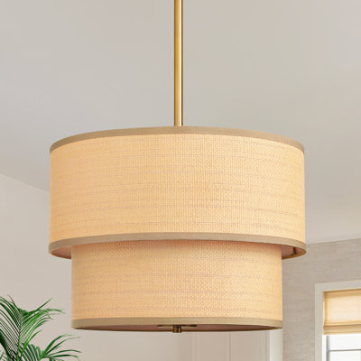 18 in 5-Light Boho Farmhouse Height Adjustable Pendant Light with Double-layer Natural Woven Linen Shade