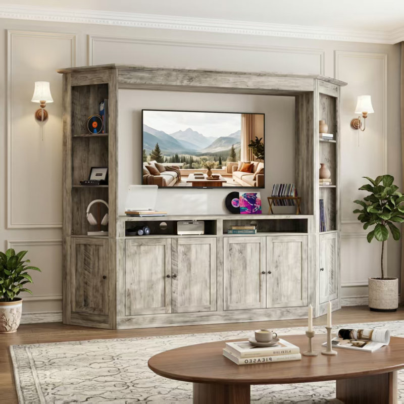 Large Storage Media Console With Open Shelves & Cabinets