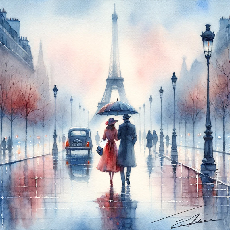 Jour de pluie rétro de Paris avec voiture classique et tour Eiffel sur toile, H 20 po x l 20 po x P 1,5 po