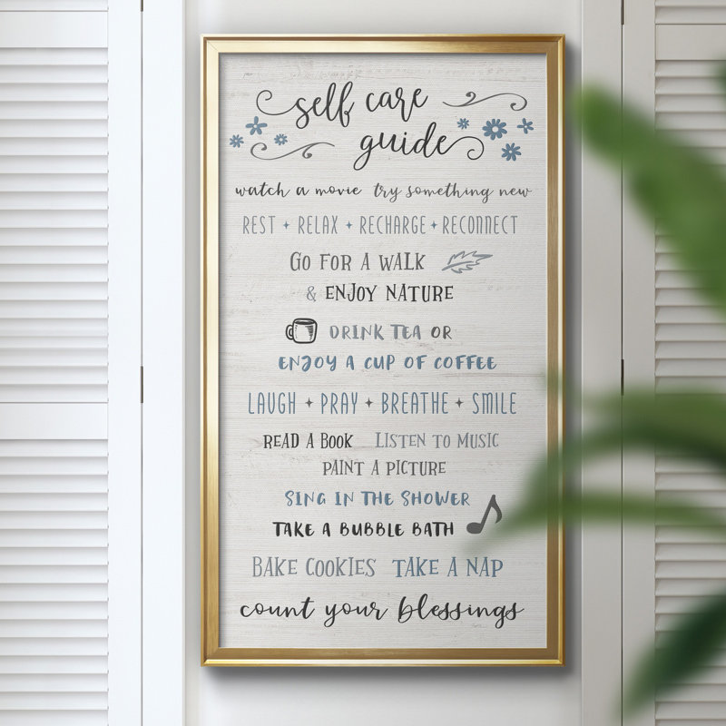 «Self Care Guide», art textuel sur toile, H 14,5 po x l 26,5 po x P 1,5 po, Cadre doré