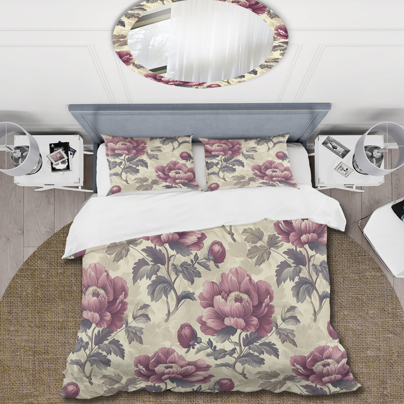 Mulberry Beige Farmhouse Flowers - Ensemble de housse de couette Farmhouse, Housse de couette simple + 2 taies décoratives st
