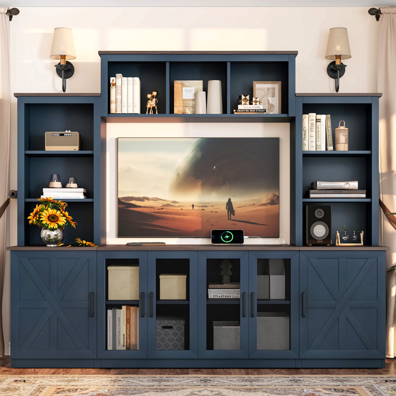 Wall Unit Entertainment Center With Charging Station And Usb Charging, Blue