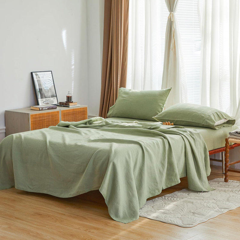 100% French Linen Sheet Set Breathable Durable For Hot Sleepers Bedding 4 Pcs - 1 Flat Sheet,1 Fitted Sheet,2 Pillowcases